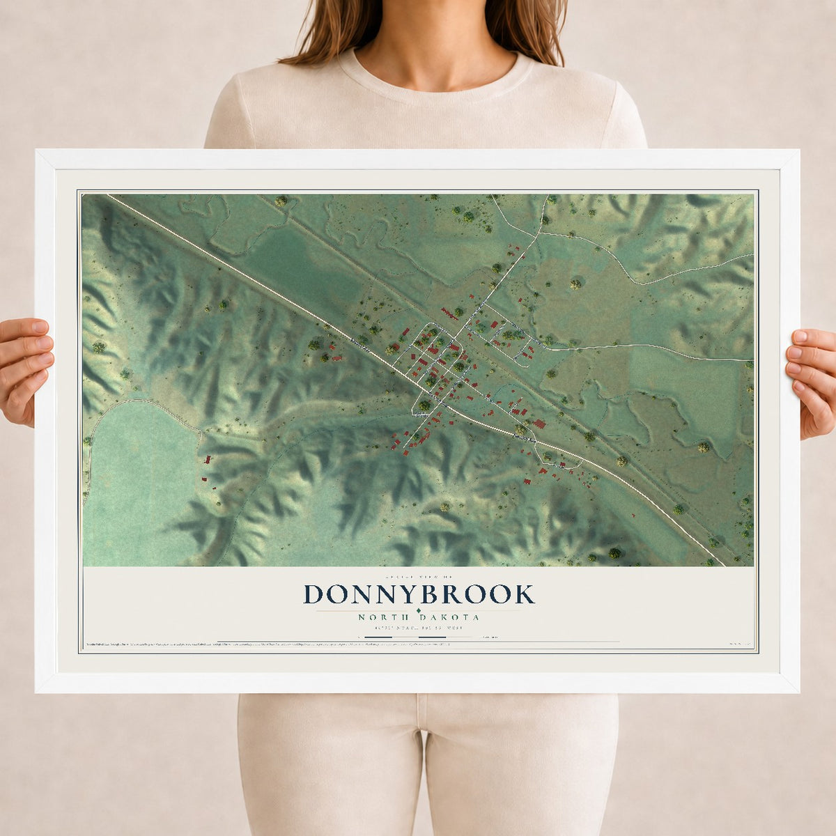 Map of Donnybrook, North Dakota, 18 x 24 inch print in a white wood frame