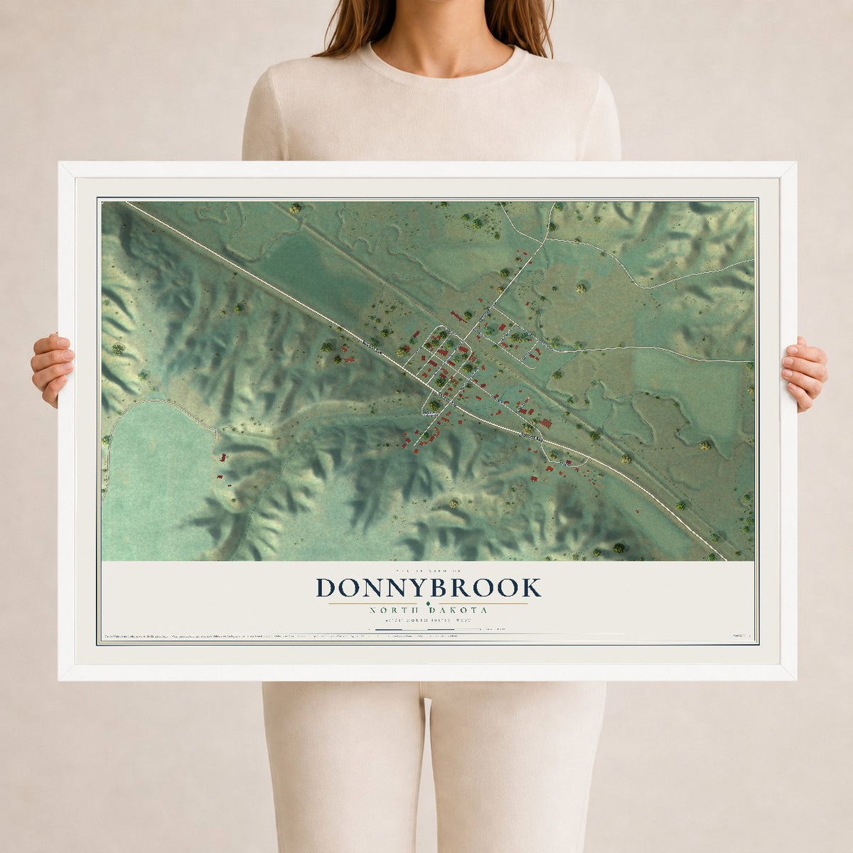 Map of Donnybrook, North Dakota, 24 x 36 inch print in a white wood frame