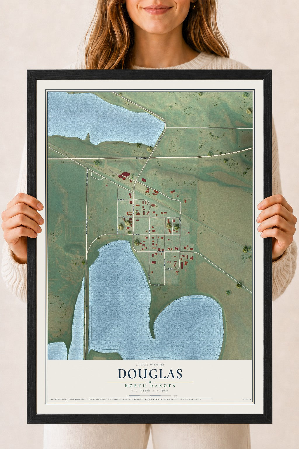 Map of Douglas, North Dakota, 18 x 24 inch print in a black wood frame