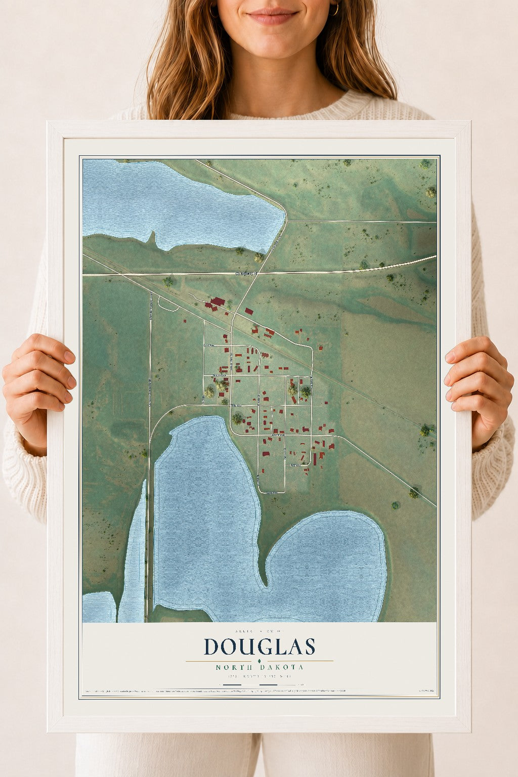 Map of Douglas, North Dakota, 18 x 24 inch print in a white wood frame