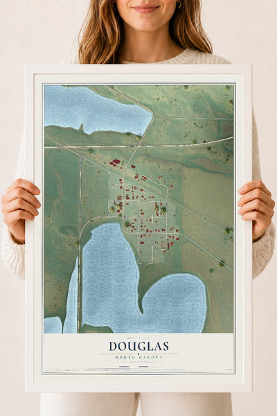 Map of Douglas, North Dakota, 18 x 24 inch print in a white wood frame