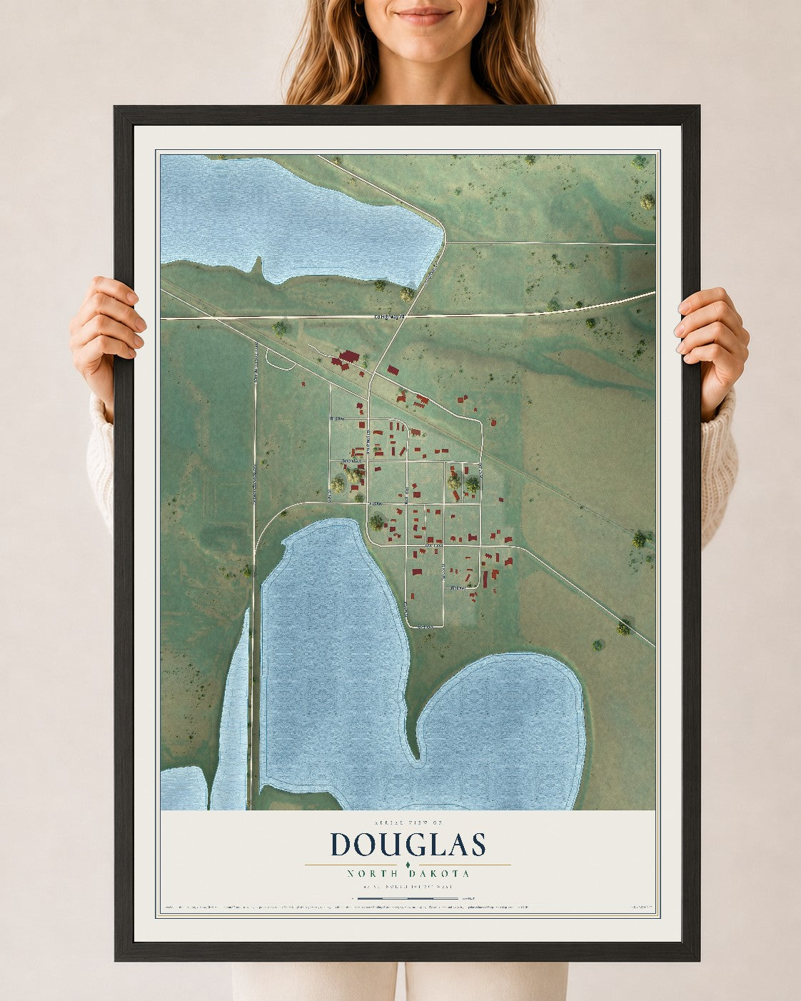 Map of Douglas, North Dakota, 24 x 36 inch print in a black wood frame