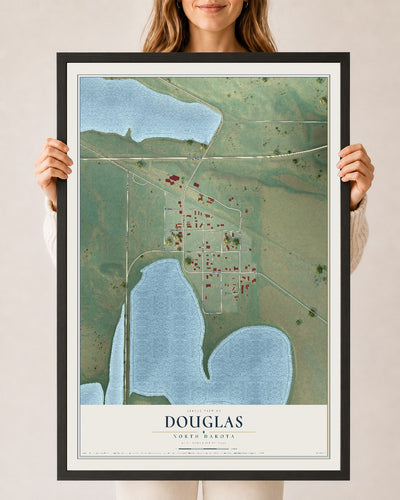 Map of Douglas, North Dakota, 24 x 36 inch print in a black wood frame