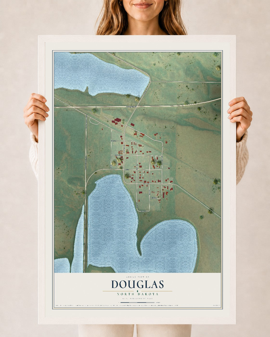 Map of Douglas, North Dakota, 24 x 36 inch print in a white wood frame