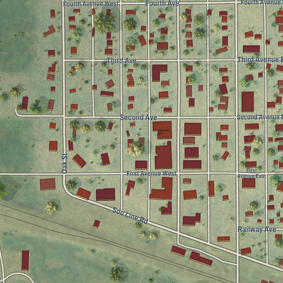 Close-up of the map of Drake, North Dakota print showing street and building detail