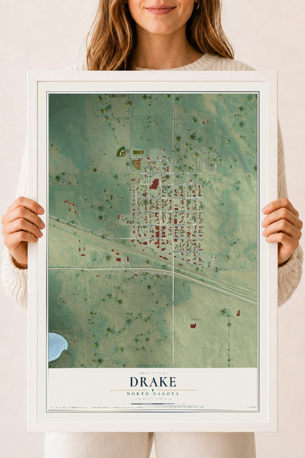 Map of Drake, North Dakota, 18 x 24 inch print in a white wood frame