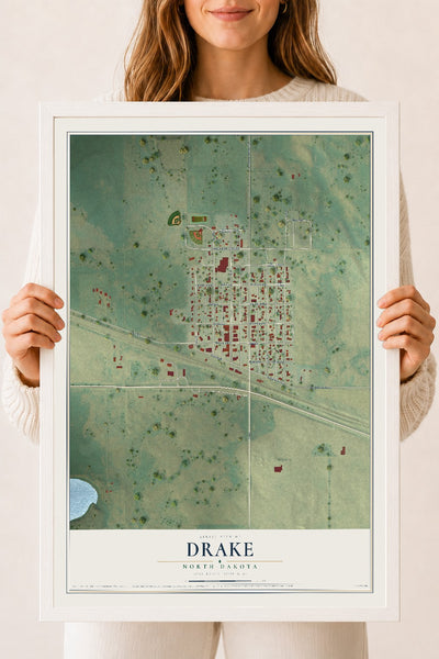 Map of Drake, North Dakota, 18 x 24 inch print in a white wood frame