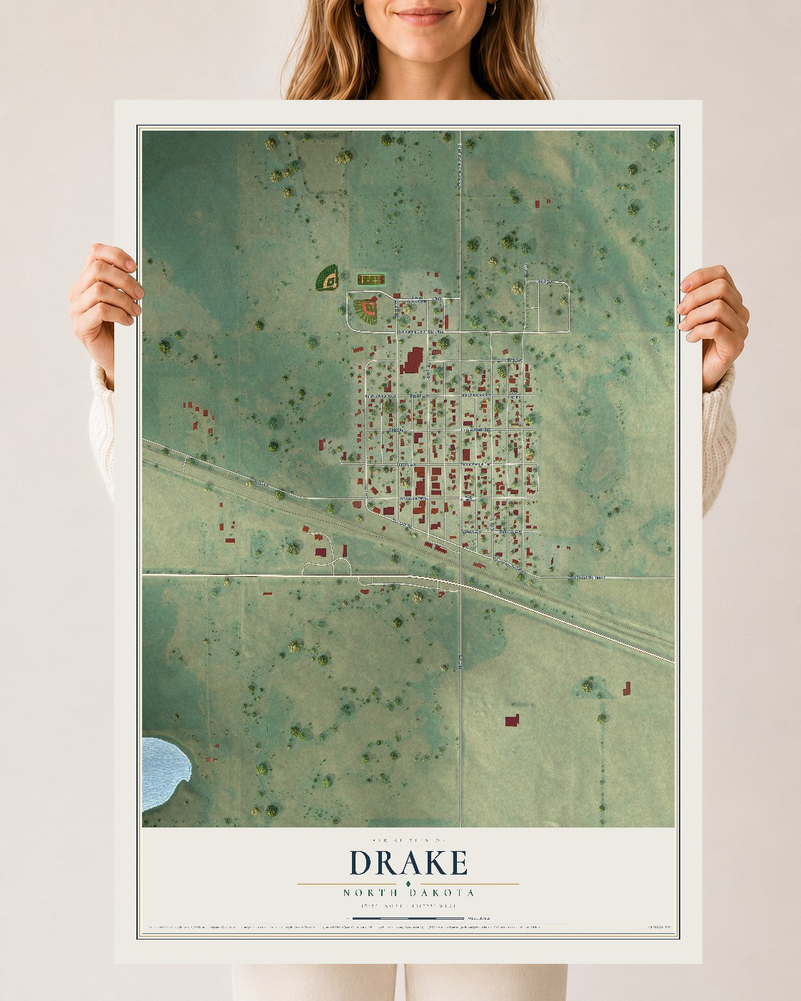 Map of Drake, North Dakota, 24 x 36 inch unframed archival matte print