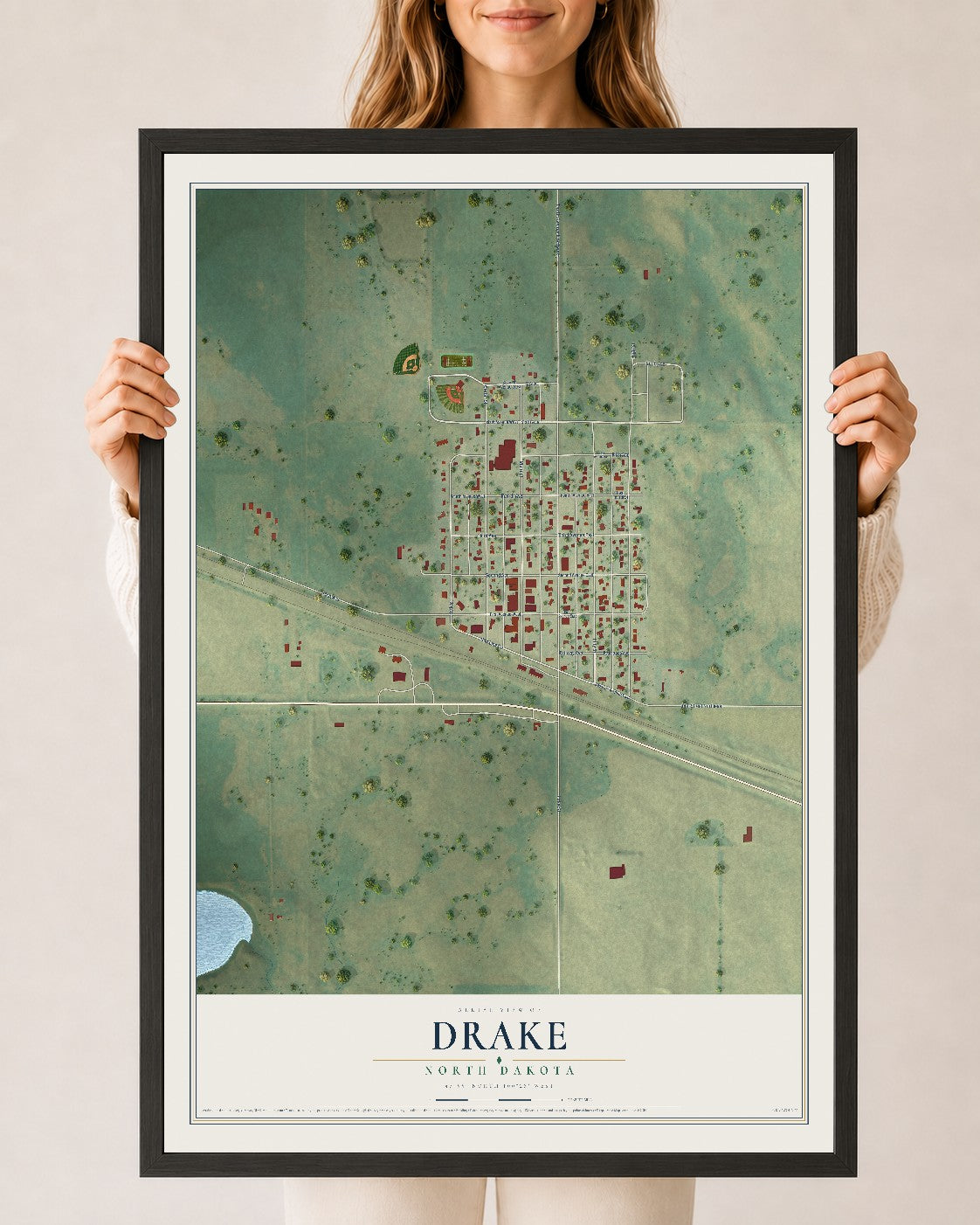 Map of Drake, North Dakota, 24 x 36 inch print in a black wood frame