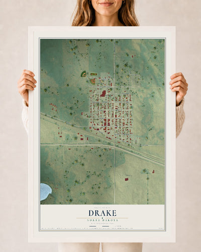 Map of Drake, North Dakota, 24 x 36 inch print in a white wood frame