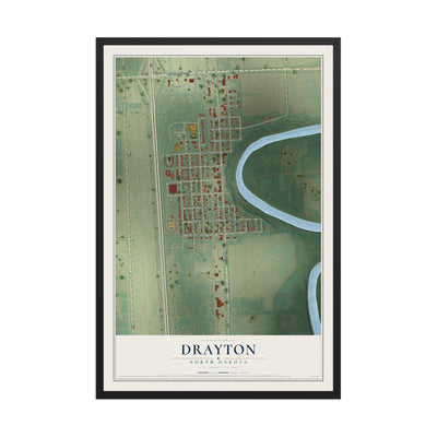 Map of Drayton, North Dakota, 12 x 18 inch print in a black wood frame