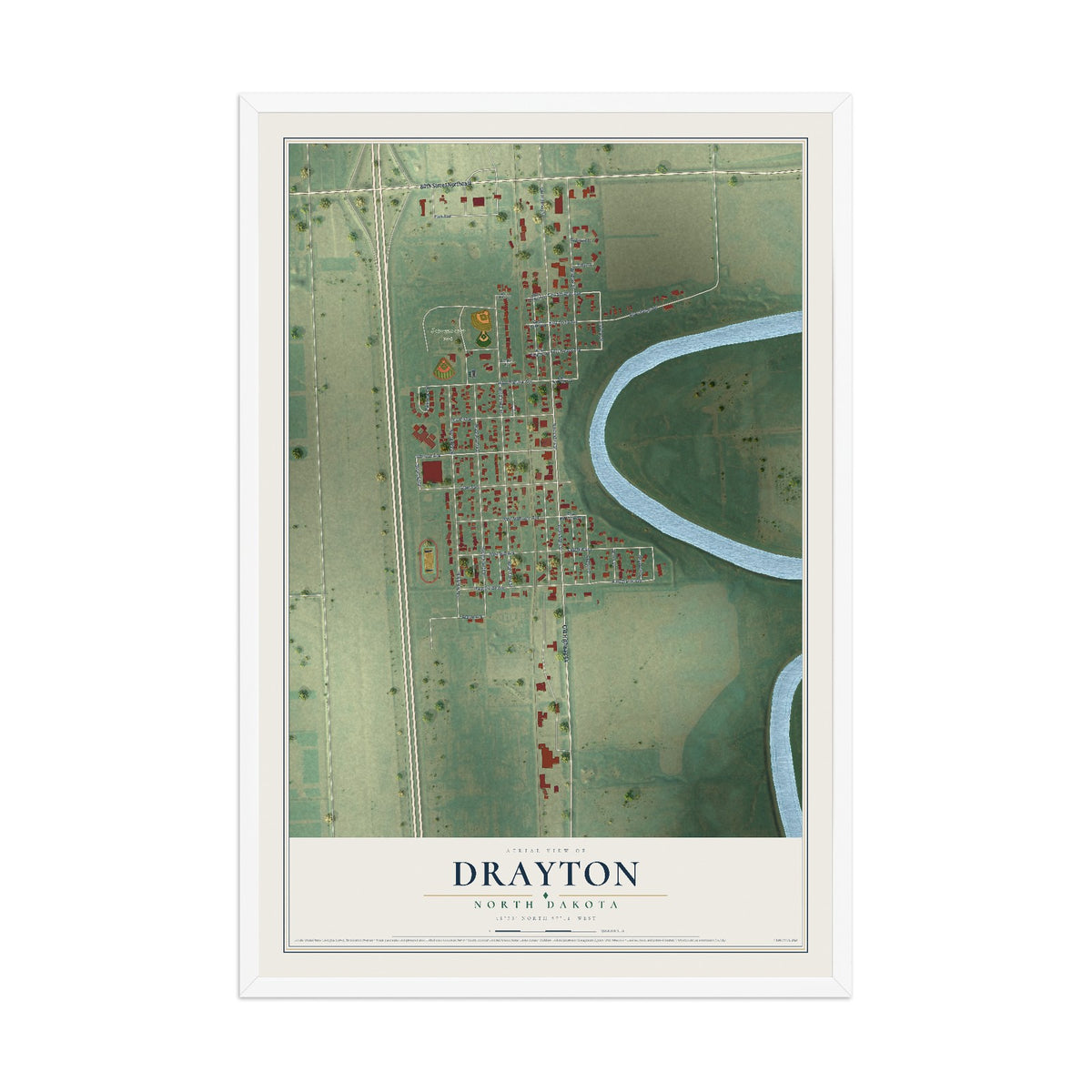 Map of Drayton, North Dakota, 12 x 18 inch print in a white wood frame