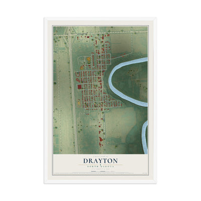 Map of Drayton, North Dakota, 12 x 18 inch print in a white wood frame