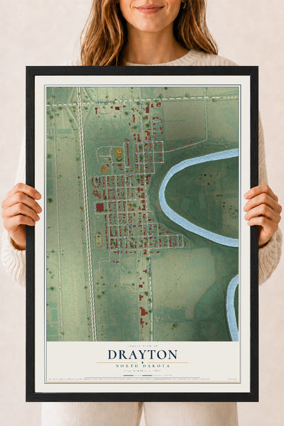 Map of Drayton, North Dakota, 18 x 24 inch print in a black wood frame