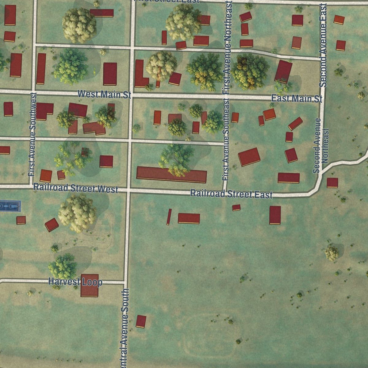 Close-up of the map of Dunn Center, North Dakota print showing street and building detail