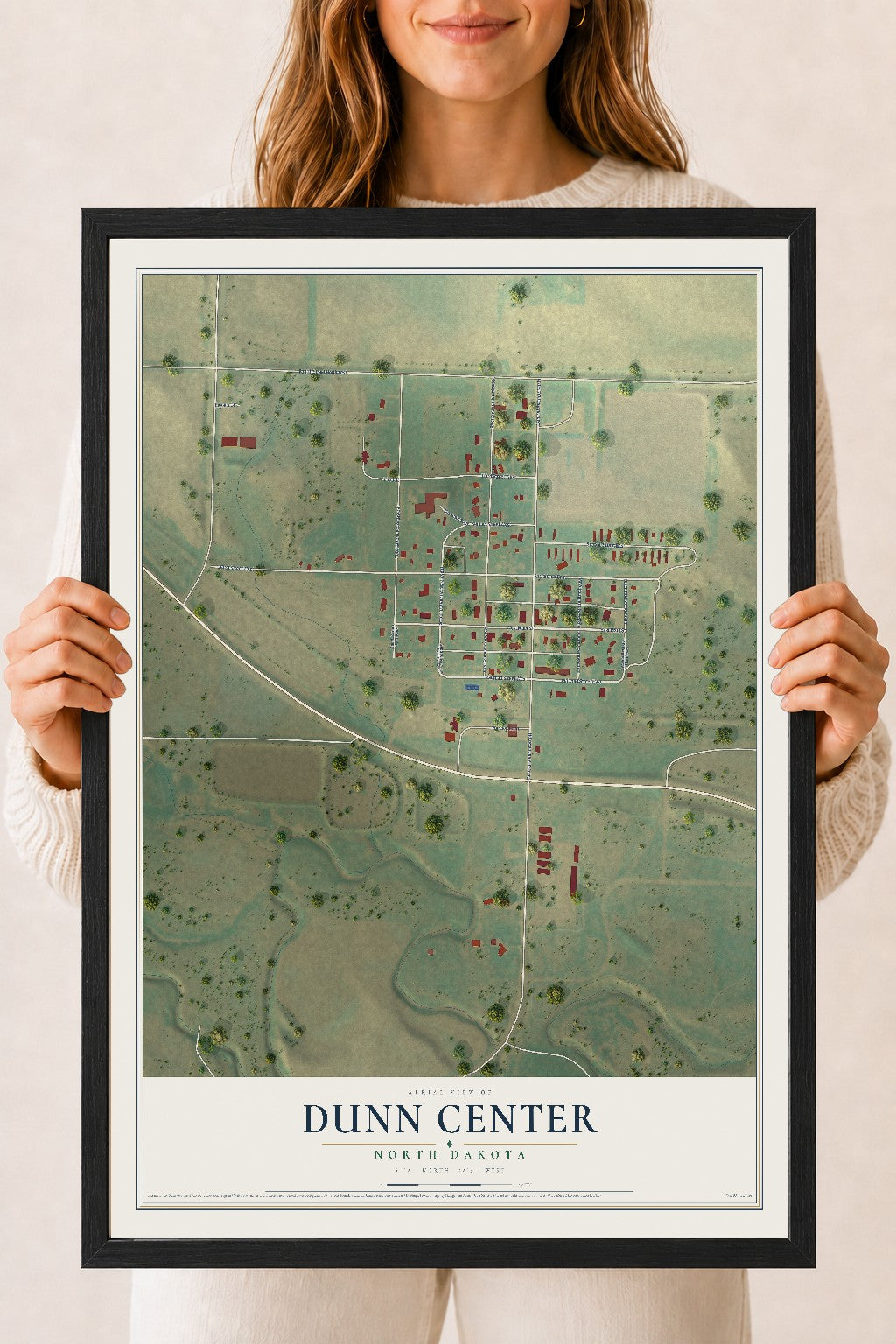 Map of Dunn Center, North Dakota, 18 x 24 inch print in a black wood frame