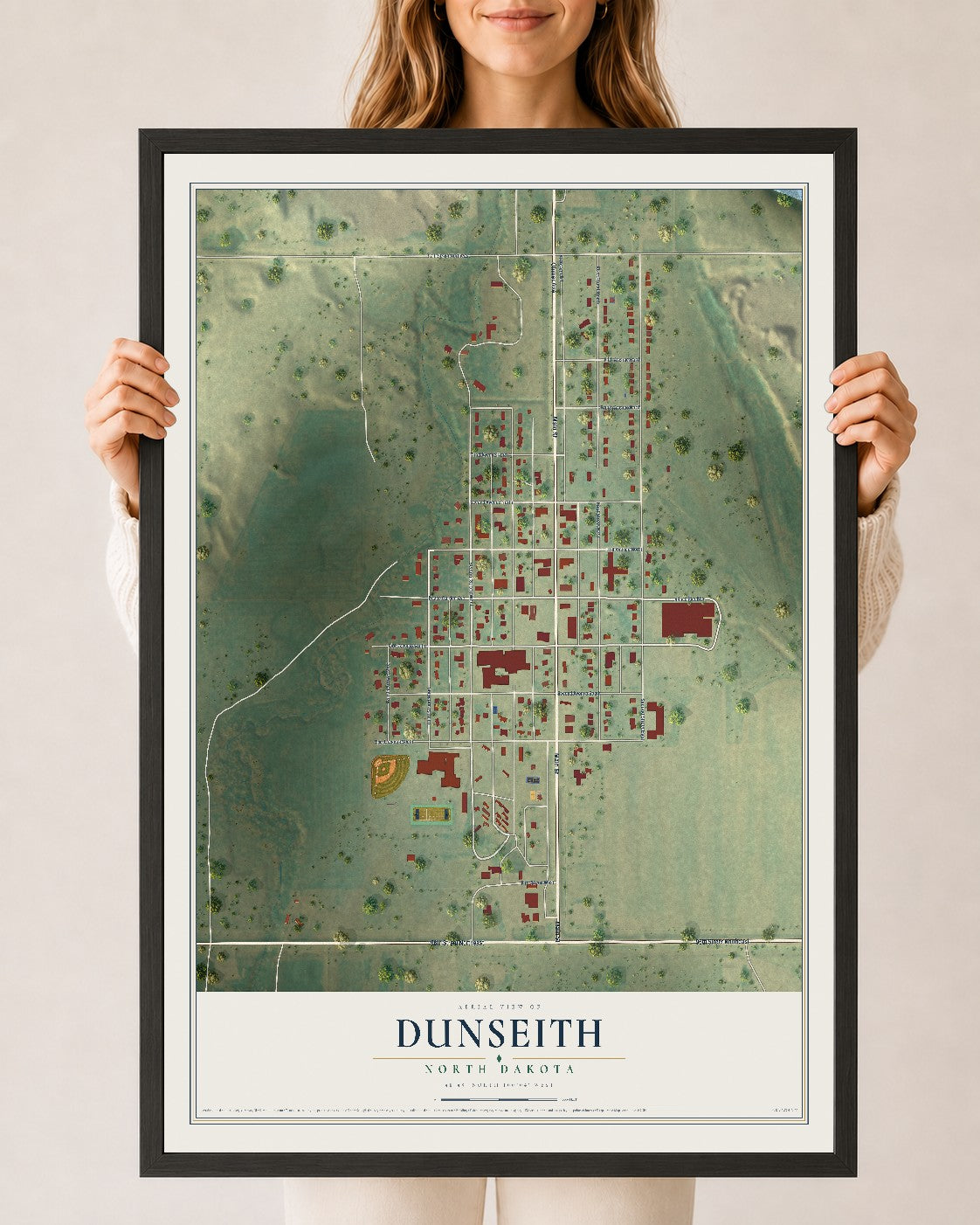 Map of Dunseith, North Dakota, 24 x 36 inch print in a black wood frame