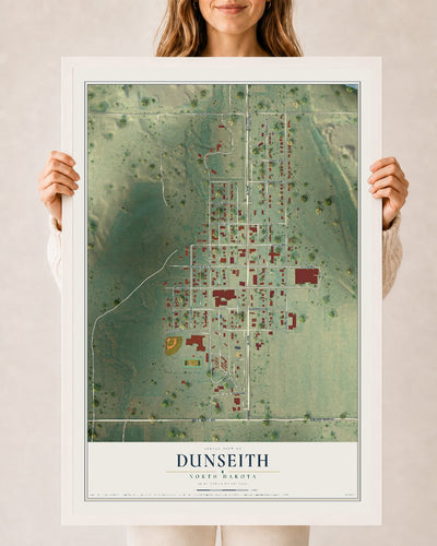 Map of Dunseith, North Dakota, 24 x 36 inch print in a white wood frame