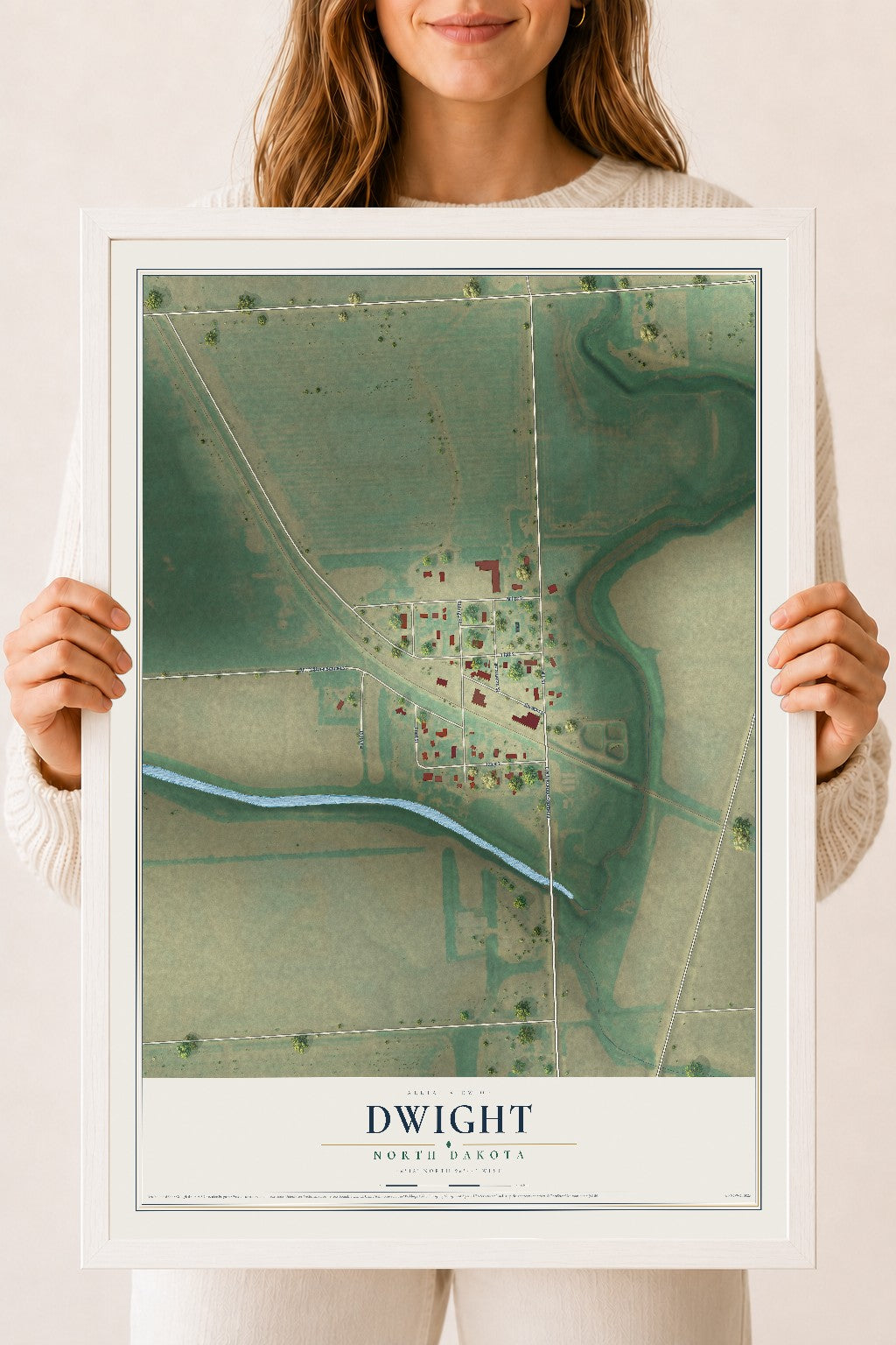 Map of Dwight, North Dakota, 18 x 24 inch print in a white wood frame