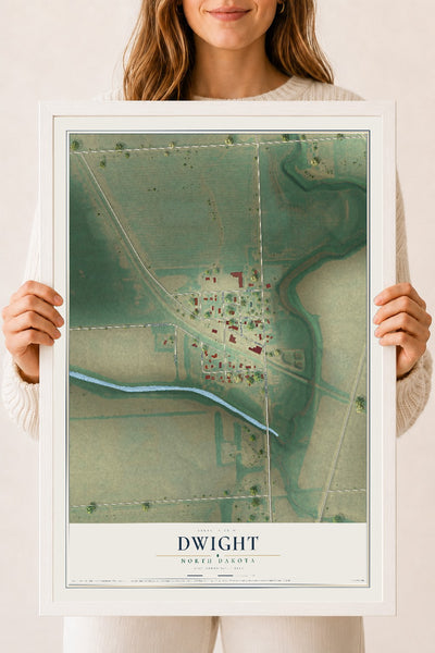 Map of Dwight, North Dakota, 18 x 24 inch print in a white wood frame