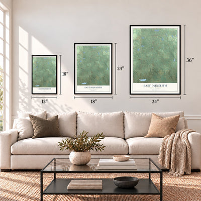 East Dunseith, North Dakota map in 12 x 18, 18 x 24 and 24 x 36 inch sizes above a sofa