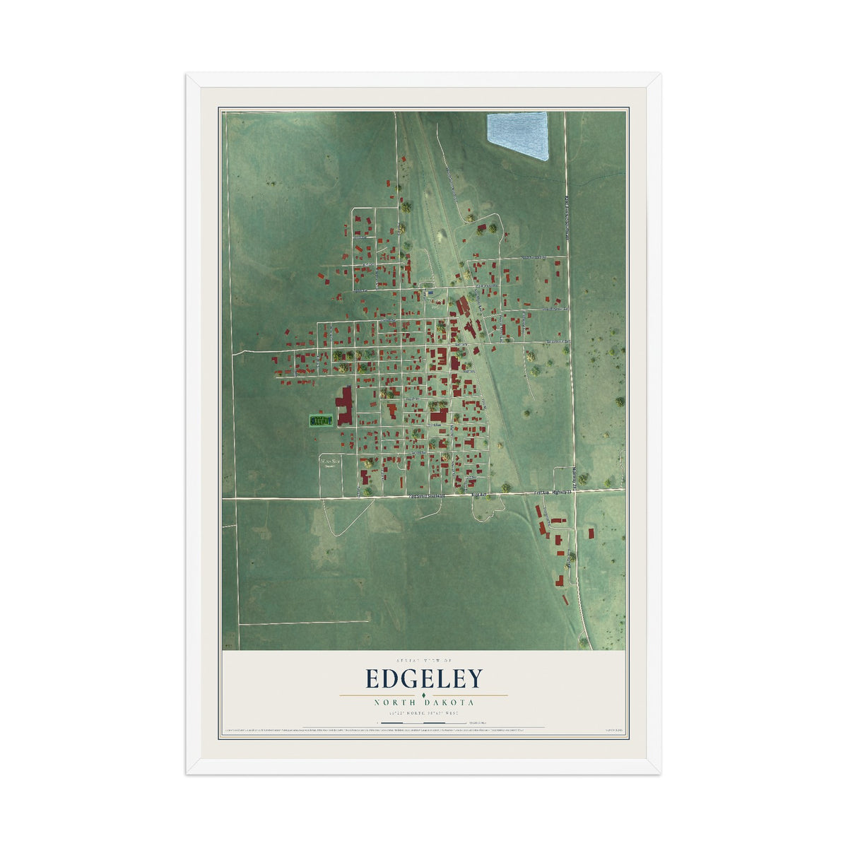 Map of Edgeley, North Dakota, 12 x 18 inch print in a white wood frame