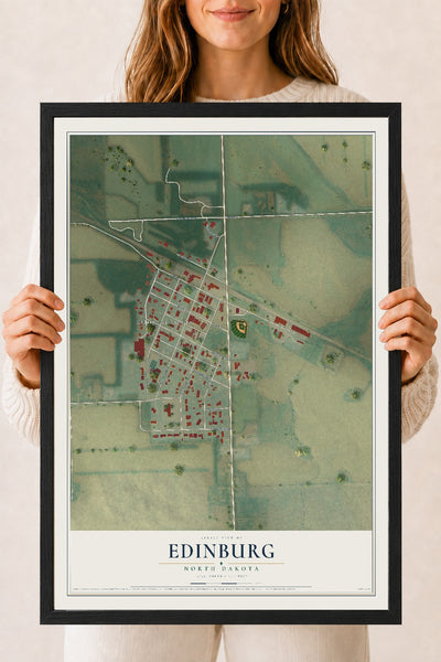Map of Edinburg, North Dakota, 18 x 24 inch print in a black wood frame