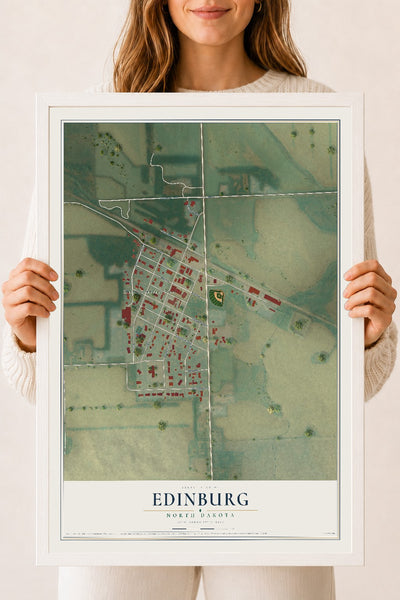 Map of Edinburg, North Dakota, 18 x 24 inch print in a white wood frame
