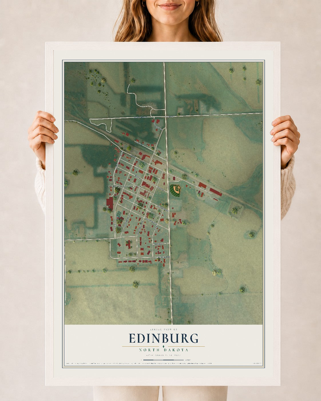 Map of Edinburg, North Dakota, 24 x 36 inch print in a white wood frame