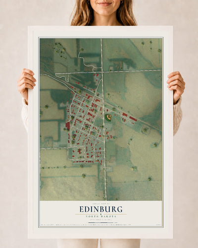 Map of Edinburg, North Dakota, 24 x 36 inch print in a white wood frame