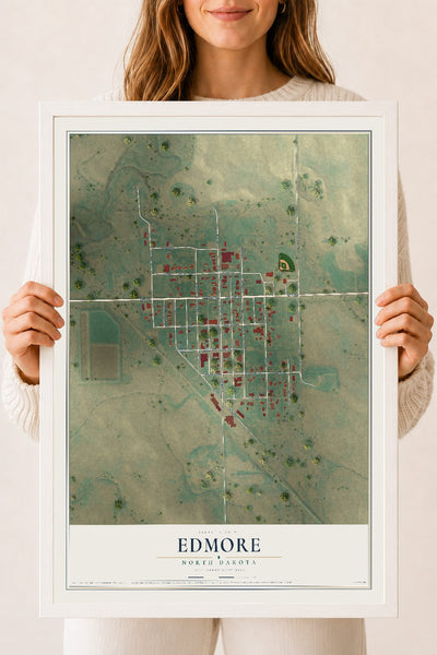 Map of Edmore, North Dakota, 18 x 24 inch print in a white wood frame
