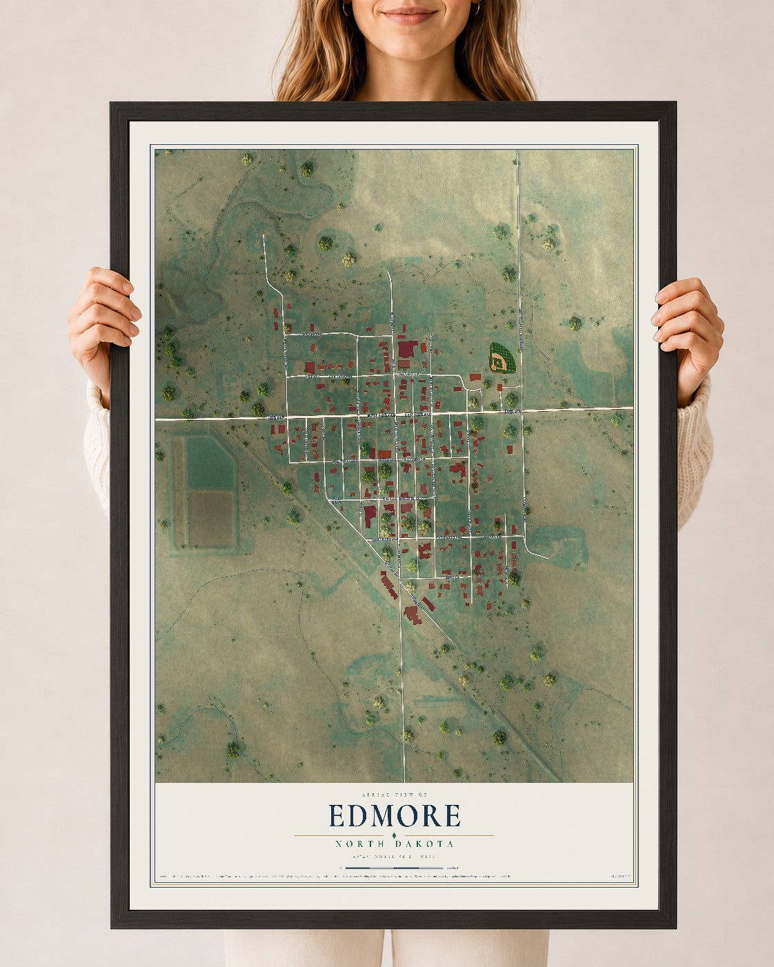 Map of Edmore, North Dakota, 24 x 36 inch print in a black wood frame