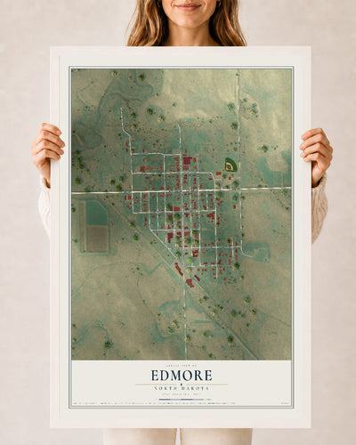 Map of Edmore, North Dakota, 24 x 36 inch print in a white wood frame