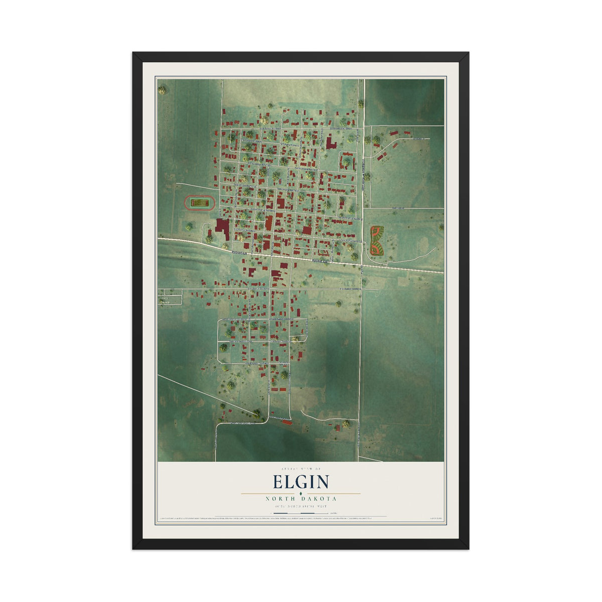 Map of Elgin, North Dakota, 12 x 18 inch print in a black wood frame
