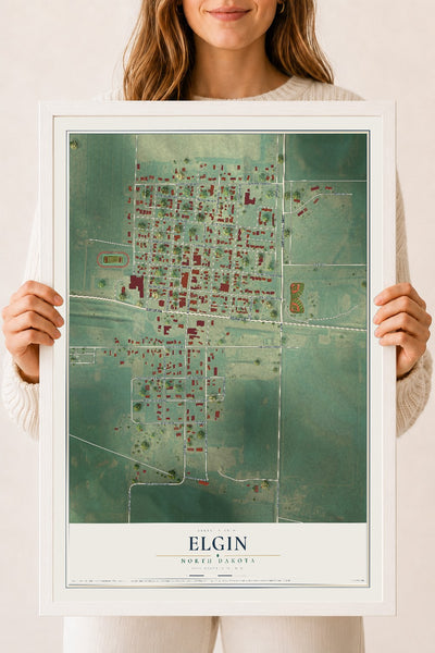 Map of Elgin, North Dakota, 18 x 24 inch print in a white wood frame