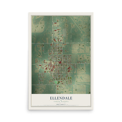 Map of Ellendale, North Dakota, 12 x 18 inch unframed archival matte print