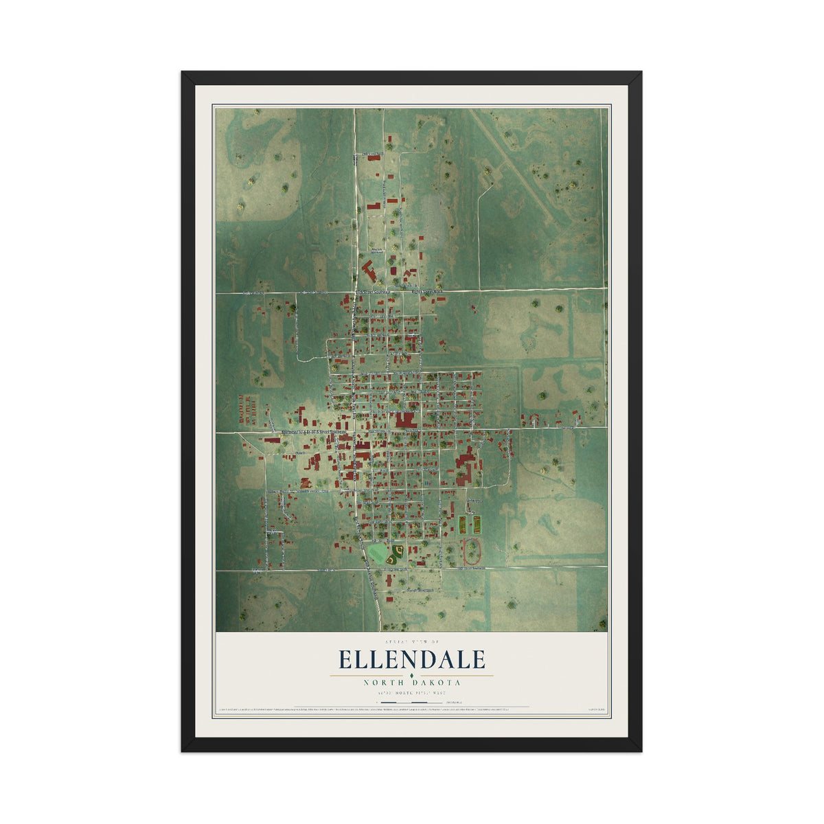 Map of Ellendale, North Dakota, 12 x 18 inch print in a black wood frame