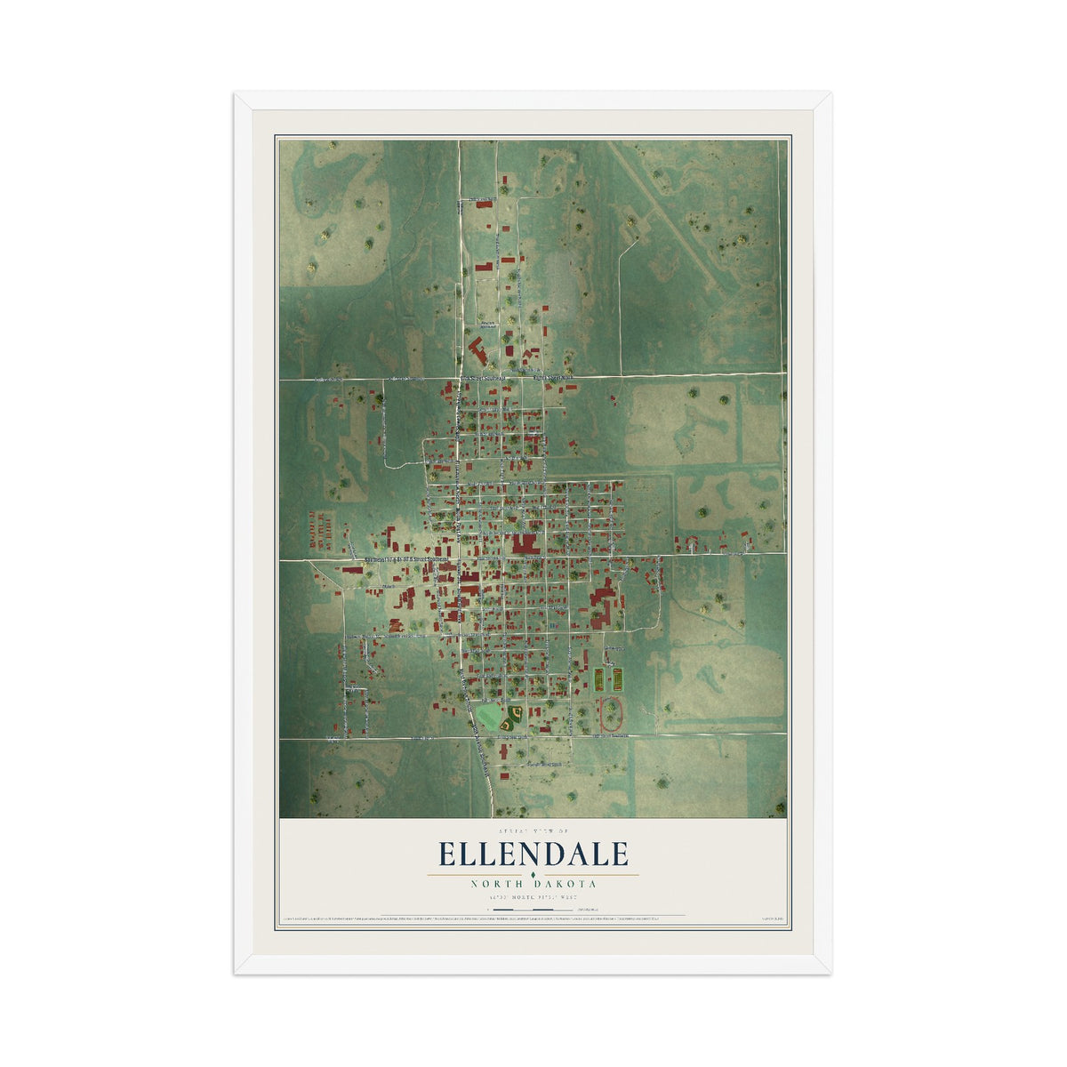 Map of Ellendale, North Dakota, 12 x 18 inch print in a white wood frame
