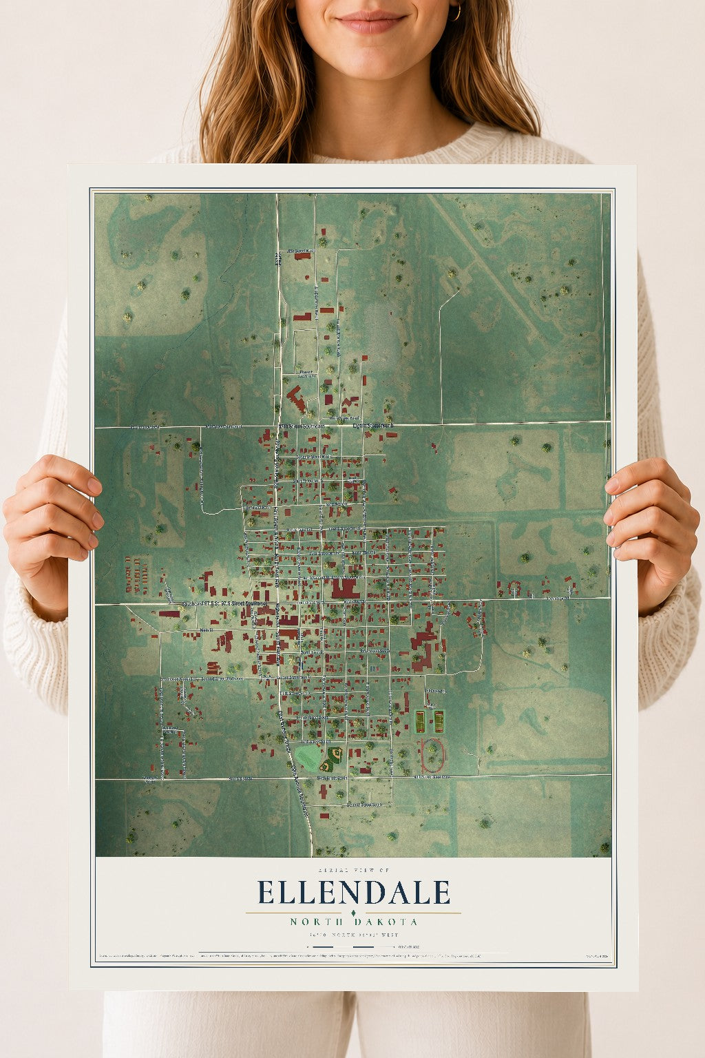 Map of Ellendale, North Dakota, 18 x 24 inch unframed archival matte print