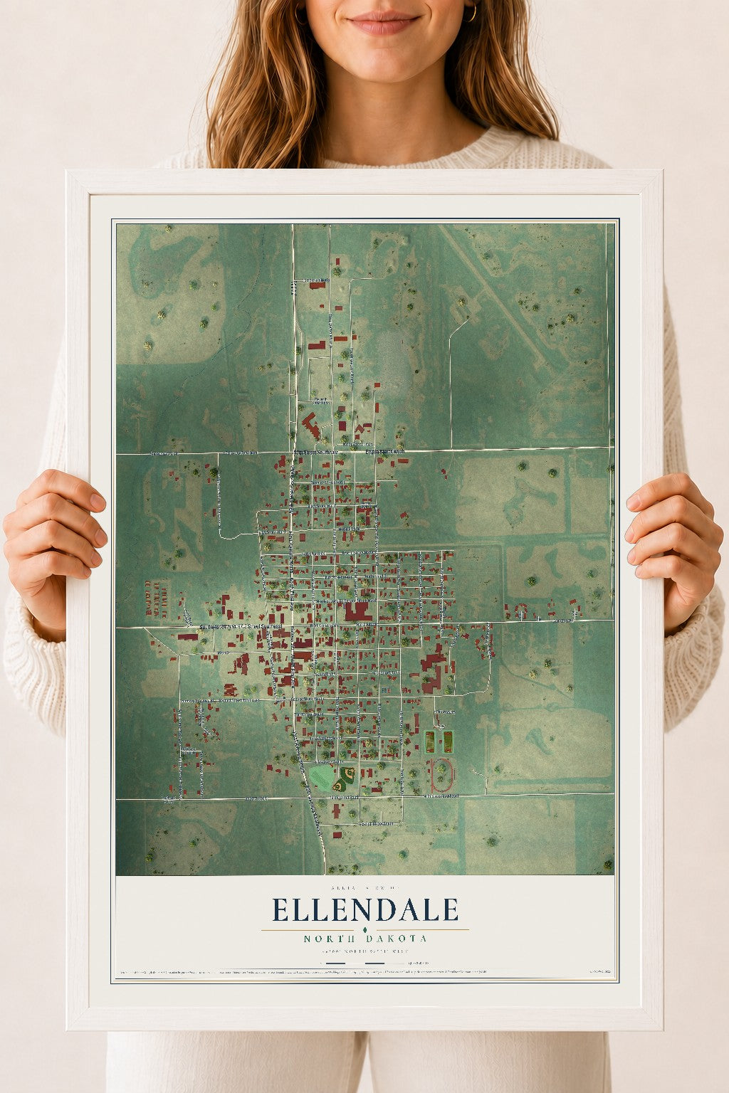 Map of Ellendale, North Dakota, 18 x 24 inch print in a white wood frame
