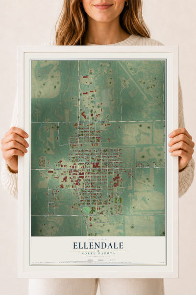 Map of Ellendale, North Dakota, 18 x 24 inch print in a white wood frame