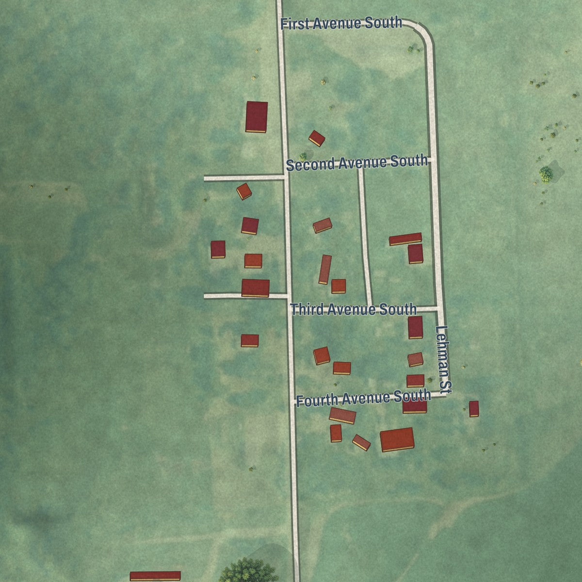 Close-up of the map of Elliott, North Dakota print showing street and building detail