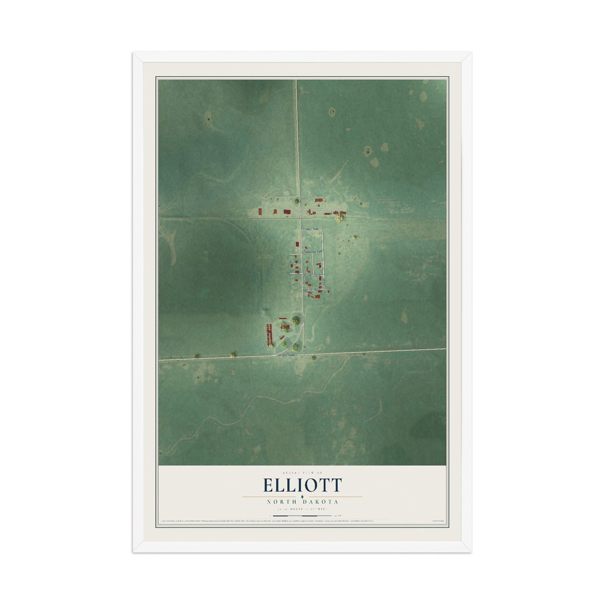 Map of Elliott, North Dakota, 12 x 18 inch print in a white wood frame