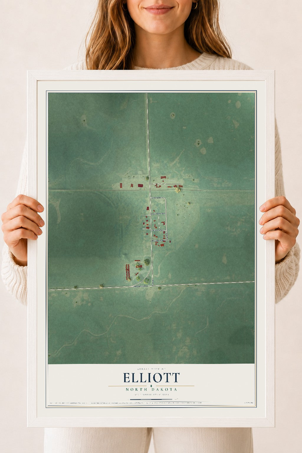 Map of Elliott, North Dakota, 18 x 24 inch print in a white wood frame