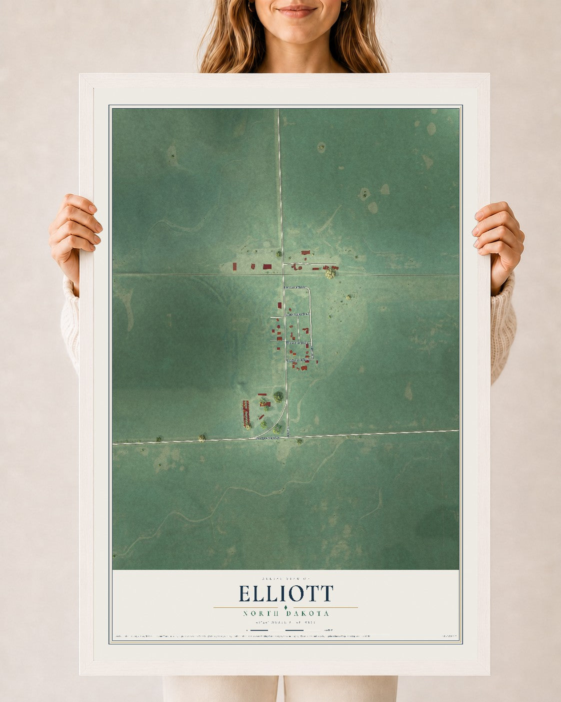Map of Elliott, North Dakota, 24 x 36 inch print in a white wood frame