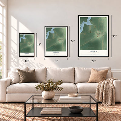 Embden, North Dakota map in 12 x 18, 18 x 24 and 24 x 36 inch sizes above a sofa