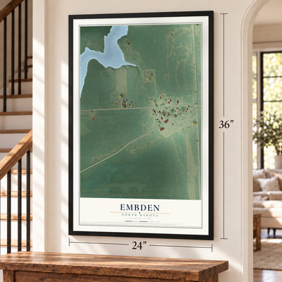 Embden, North Dakota map, 24 x 36 inch print in a black frame by a staircase