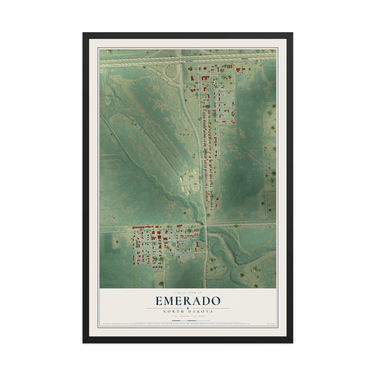 Map of Emerado, North Dakota, 12 x 18 inch print in a black wood frame