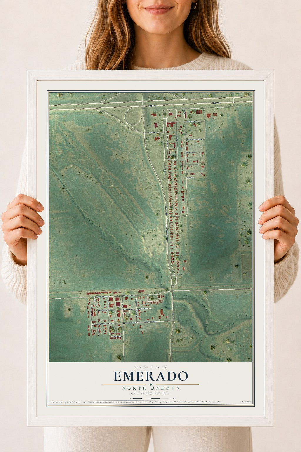 Map of Emerado, North Dakota, 18 x 24 inch print in a white wood frame