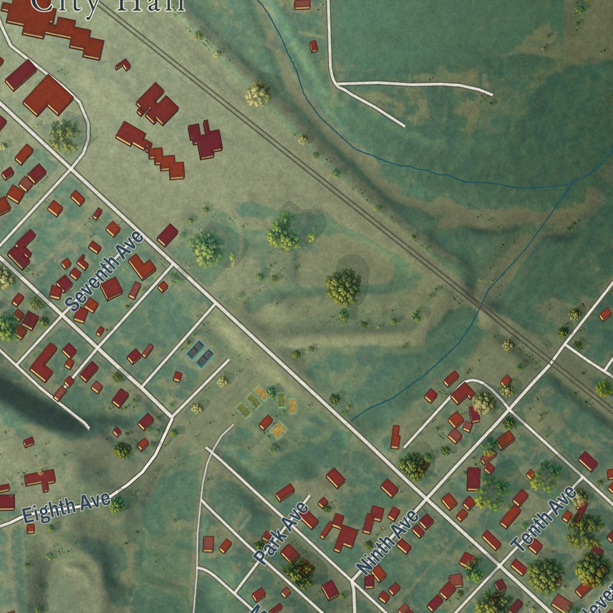 Second close-up of the map of Enderlin, North Dakota print showing more streets and buildings